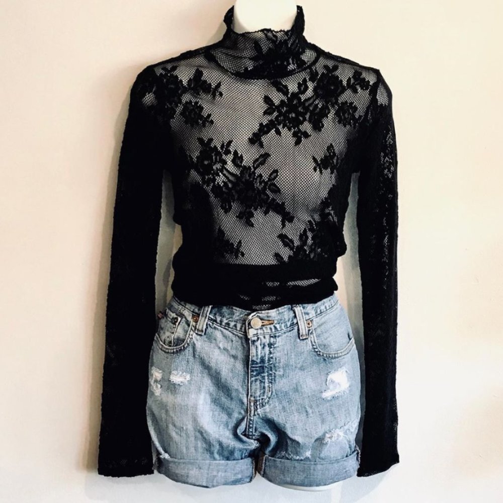EXPRESS Mock Neck Long Sleeve Black Lace Top